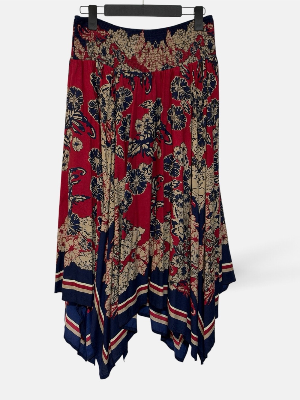 Denim 24/7 Red Floral Asymmetrical Handkerchief Hem Skirt